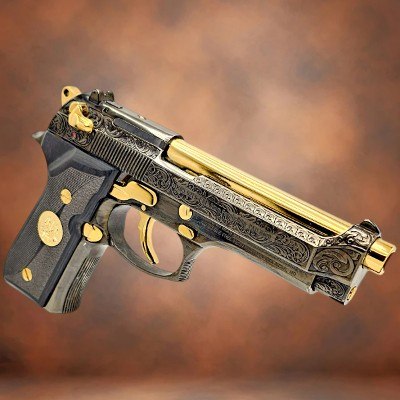 BERETTA Unique: Beretta 92FS, French Scroll Engraving, Black Chrome & 24K Gold 9MM LUGER (9x19 PARA)