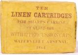 Original BOX of 10 Linen Cartridges for SHARPS CARBINE - Cal. .52-100.
Watervliet Arsenal 1864 - Unopened. - 1 of 6