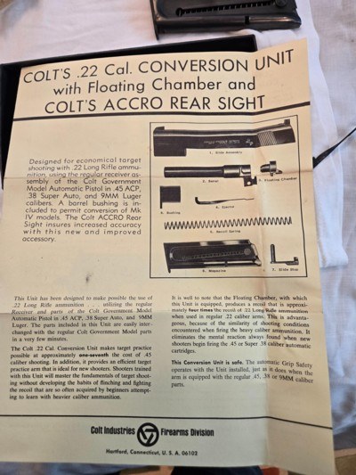 Colt Conversion Unit, converts 45acp. & 38 Super to .22 L.R. comes with everything.