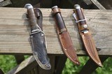 3 Mini Hunting Knives, Case, Kbar. Unknown Custom Made, Scabbards - 1 of 8