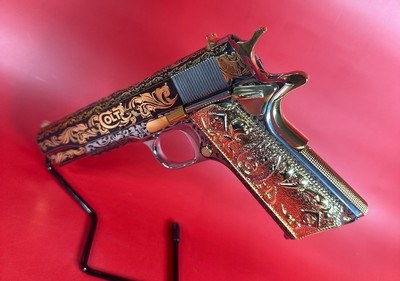 NIB Colt 1911 Government. Engraved, Gold Plated .38 Super. Stunning.