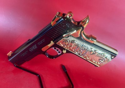 NIB Colt 1911 High Polished Black, Engraved, Gold Plated. 38 Super