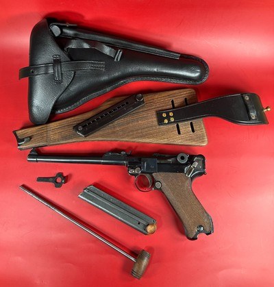 WWI 1918 DWM P08 Artillery Luger. STOCK, 2 mags TOOLS, HOLSTER 9mm