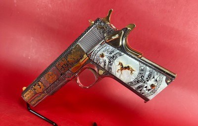 CUSTOM Colt 1911 Polished Stainless, Black, Engraved, Gold Plated 38 Super - Image 1 of 16