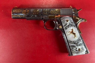 CUSTOM Colt 1911 Polished Stainless, Black, Engraved, Gold Plated 38 Super - Image 10 of 16