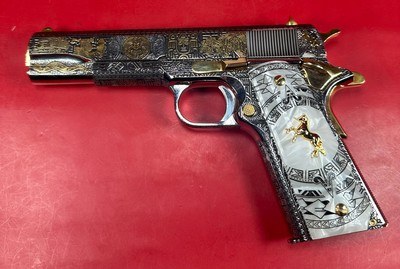 CUSTOM Colt 1911 Polished Stainless, Black, Engraved, Gold Plated 38 Super - Image 13 of 16