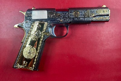 Colt 1911 Government, Polished Stainless, Black, Engraved, Gold Plated 38 Super - Image 11 of 16