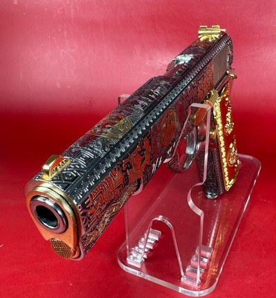 Colt 1911 Government, Polished Stainless, Black, Engraved, Gold Plated 38 Super - Image 3 of 16