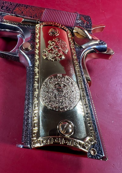 Colt 1911 Government, Polished Stainless, Black, Engraved, Gold Plated 38 Super - Image 13 of 16