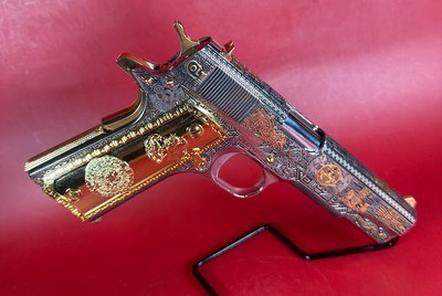 Colt 1911 Government, Polished Stainless, Black, Engraved, Gold Plated 38 Super - Image 2 of 16