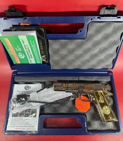 Colt 1911 Government, Polished Stainless, Black, Engraved, Gold Plated 38 Super - Image 15 of 16