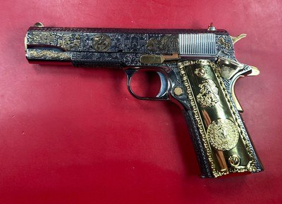 Colt 1911 Government, Polished Stainless, Black, Engraved, Gold Plated 38 Super - Image 10 of 16