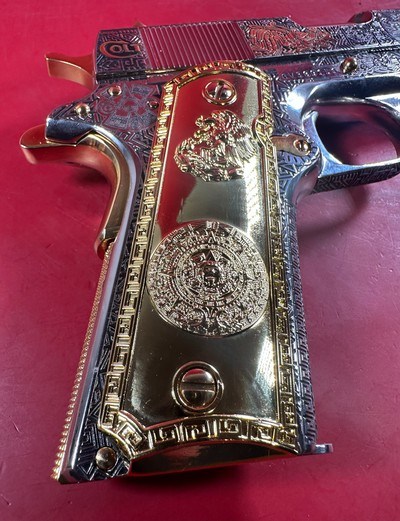 Colt 1911 Government, Polished Stainless, Black, Engraved, Gold Plated 38 Super - Image 12 of 16