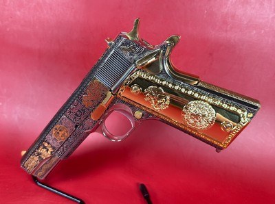 Colt 1911 Government, Polished Stainless, Black, Engraved, Gold Plated 38 Super