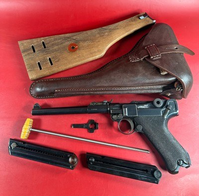WWI 1918 DWM P08 Artillery Luger STOCK, 2 mags TOOLS, HOLSTER 9mm Excellent - Image 1 of 18