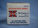 30 Carbine, 100 cartridges. 50 Remington R30CAR, 110 gr Soft Point + 50 Winchester X30M2 110 gr Full Metal Case. Factory loads/boxes.Free shipping - 6 of 10