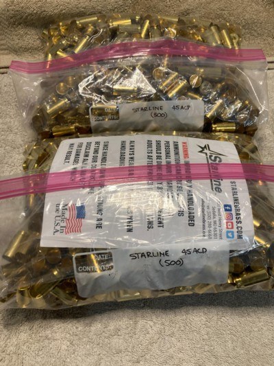 500 Rounds NOS Starline Unprimed 45 ACP Brass, Large Primer.
