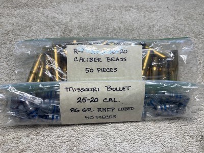 NOS R-P 20-25 brass, 50 pieces plus 50, 25-20 Missouri Bullets86 Gr RNFP Lubed!