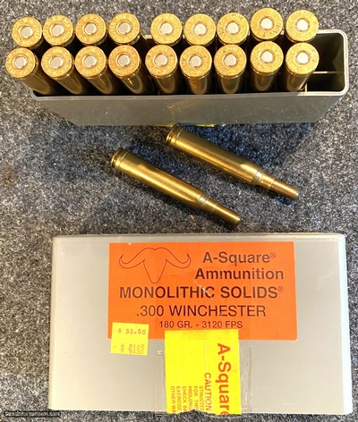 300 Winchester Magnum Ammo from A Square, 180 Grain Monolithic Solid Bullets