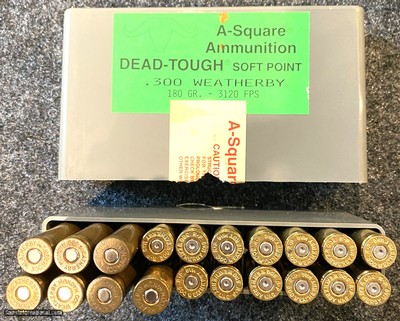 300 Weatherby Magnum Ammo made by A Square, 180 Grain DEAD TOUGH