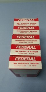 Four Full Boxes (80) and One Partial (10) Federal 7mm Remington Magnum Unprimed Cases - Brass - Total of 90. - 1 of 2