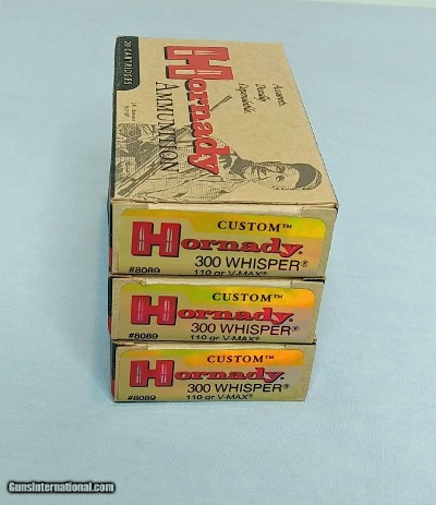 Three boxes of Hornady Custom 300 Whisper 110 Grain V-Max Cartridges - 60 total