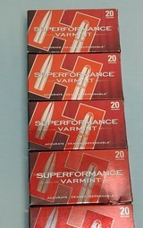 5 Boxes Hornady Superformance Varmint 222 Remington 50 Grain V-Max.
Four full Boxes and One with 15 Rounds.
Total 95 Rounds. - 2 of 2