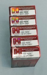 5 Boxes Hornady Superformance Varmint 222 Remington 50 Grain V-Max.
Four full Boxes and One with 15 Rounds.
Total 95 Rounds. - 1 of 2