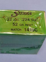 Box of 500 Sierra Matchking 22 Caliber .224
52 Grain HPBT Match Bullets - Sealed Box of 500.