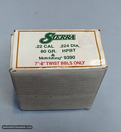 Sierra .22 Caliber .224 Diameter 80 Grain Hollow-Point BoatTail MatchKing Bullets - Sealed Box of 500