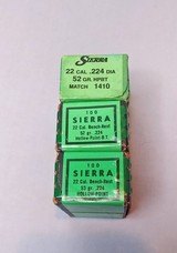 Three Boxes of Sierra 22 Caliber .224 Bullets (2 Boxes 52 Gr HPBT and 1 Box 53 Gr HP) 100 per Box