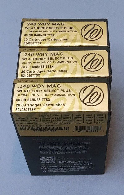 Weatherby 240 Weatherby Magnum Select Plus Ultra-High Velocity 80 Grain TTSX Cartridges - Three Full Boxes