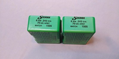 Two Factory Sealed Boxes Sierra 6mm .243 70 Grain HPBT Matchking Bullets 100 per Box.200 Total.