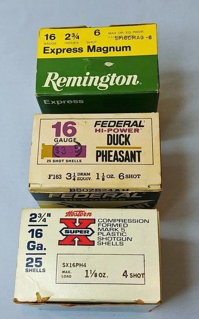 Three Boxes 16 Gauge - Remington Express Magnum #6, Federal Hi-Power Duck Pheasant #6, Western Super-X #4
