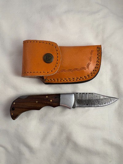 NEW Handmade Custom Folding Damascus Pocket Knife 6.75 in Open with Leather Sheath