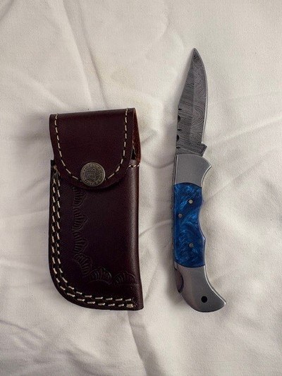 NEW 7 inch Custom Handmade Damascus Folding Pocket Knife with Leather Sheath