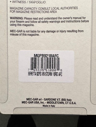 MECGAR - NEW in Factory Pkg. - 18 round magazines for Beretta 92FS, M9 - Image 2 of 2