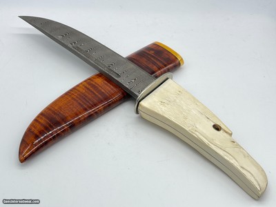 Shiva Ki Carved Mammoth Fossil Eagle Head Large Damascus Hunter Mint In Sheath Early 1980's Production