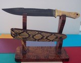 Shiva Ki Ivory Scales Handle Top Serrated Cutting Edge Damascus Bowie-Python Covered Sheath & Stand 1978 production Shown In KI's catalog Prototyp