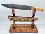 Shiva Ki Ivory Scales Handle Top Serrated Cutting Edge Damascus Bowie-Python Covered Sheath & Stand 1978 production Shown In KI's catalog Prototyp