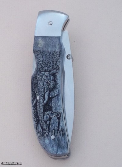 Joseph Prince 1-of-A-Kind Carved Folder Lockback by Paul G. Grussenmeyer Rare Double carvings Lioness w/cubs and Elephant w/baby 1996 Production