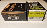 Nosler Ballistic Tip 25 caliber 115 grain and Speer Boat-Tail 25 caliber 120 grain bullets. Partial boxes. - 1 of 2