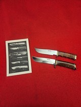 Beautiful Pair of Famous Alaska Knife MakerMerle Seguine Hunting Knives Mid 1960s - Mesquite Wood With Original Catalog Card