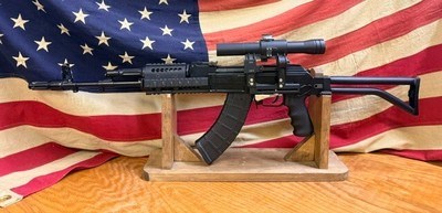 ARSENAL SAM-7SF 7.62X39 RIFLE WITH BELARUS 4X32 SCOPE AND MIDWEST INDUSTRIES RAIL.