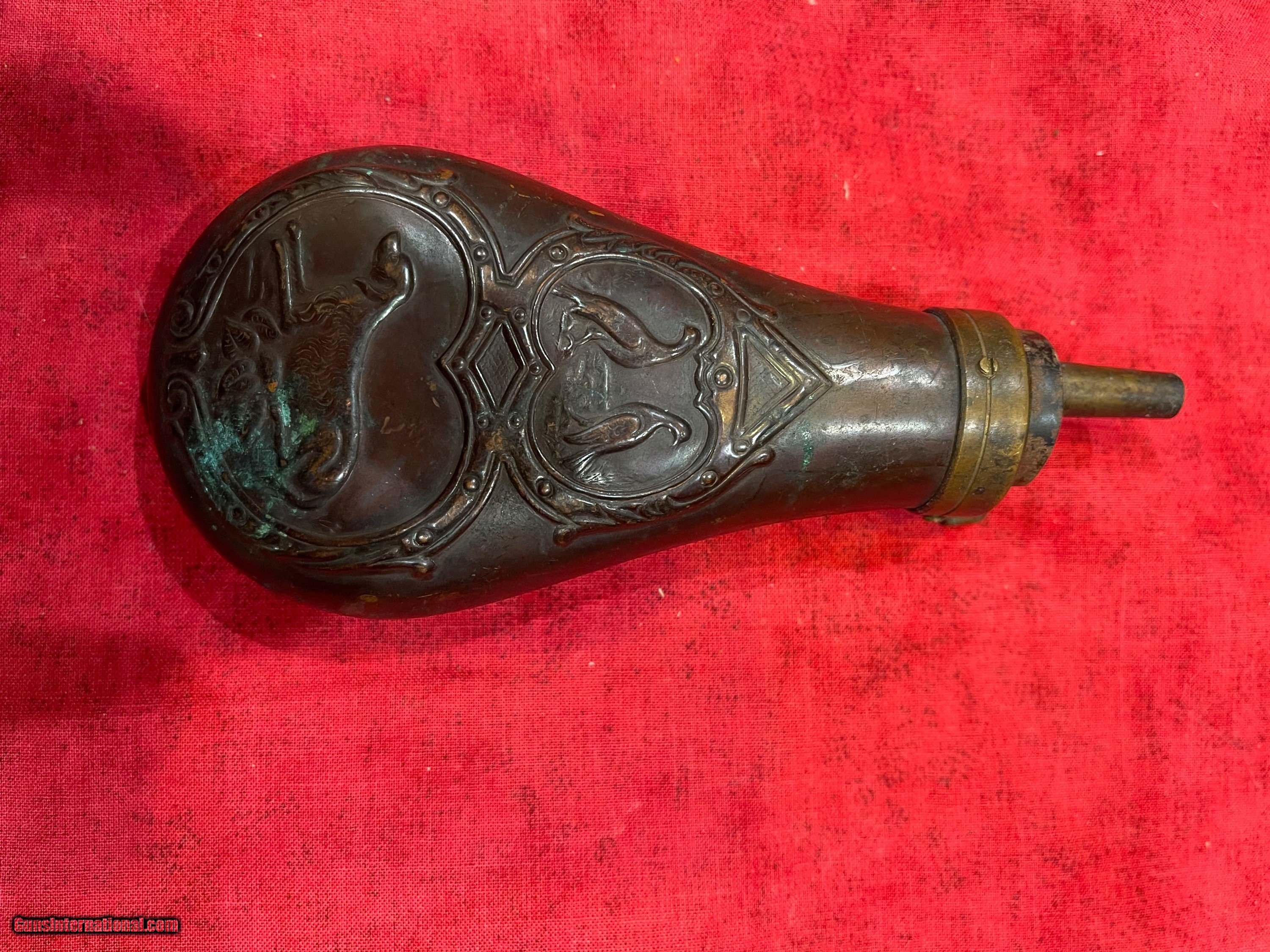 Antique Black Powder Flask Brass Or Copper Hunting Dogs Birds Patina for  sale