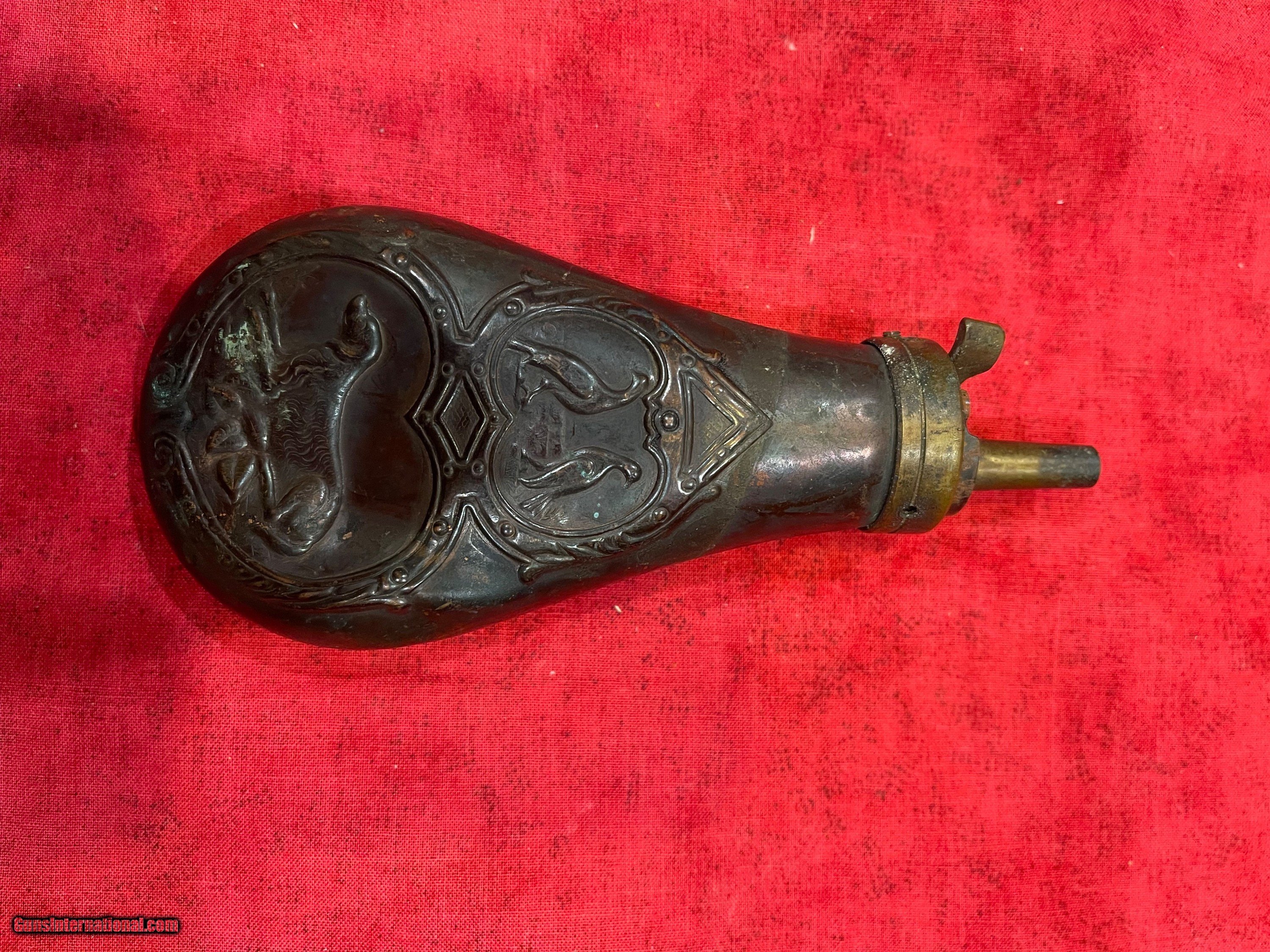 Antique Black Powder Flask Brass Or Copper Hunting Dogs Birds Patina for  sale