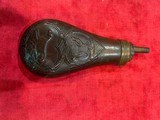 Antique Black Powder Flask Brass Or Copper Hunting Dogs Birds Patina