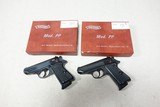 (2) Walther PPKS 7.65mm pistols. Consecutive S/N. NIB. Rare!
