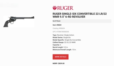 RUGER NEW MODEL SINGLE-SIX 22 LR/22 WMRF 9-1/2