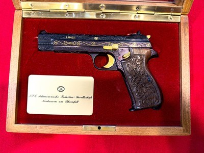 Rare & Beautiful Sig Sauer P210 Luxury Engraved With Exquisite Gold Inlay W/ Glass Top Wood Presentation Case